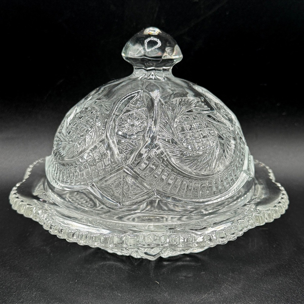 Vintage L.E. Smith Pinwheel Hobstar Clear Glass Covered Butter Dish w/ Label